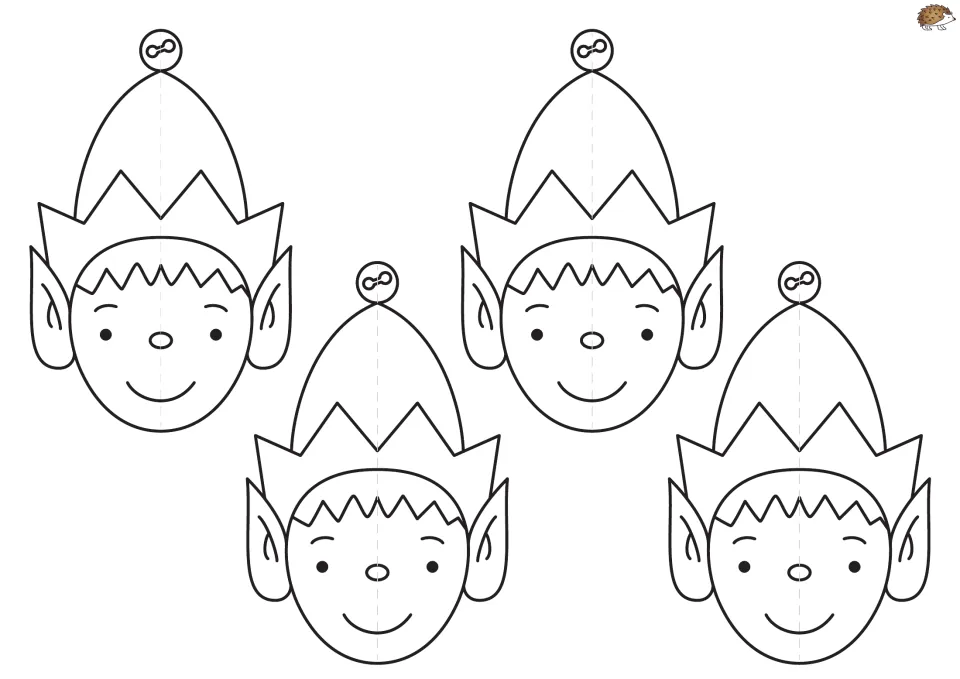 Elf ornament template sheet has four matching smiling elf faces with pointed hats to color, cut, fold, and glue