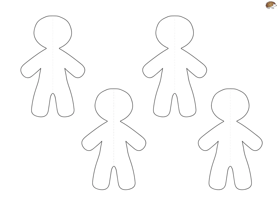 Plain gingerbread ornament template sheet has four matching blank figures to decorate, cut, fold, and glue