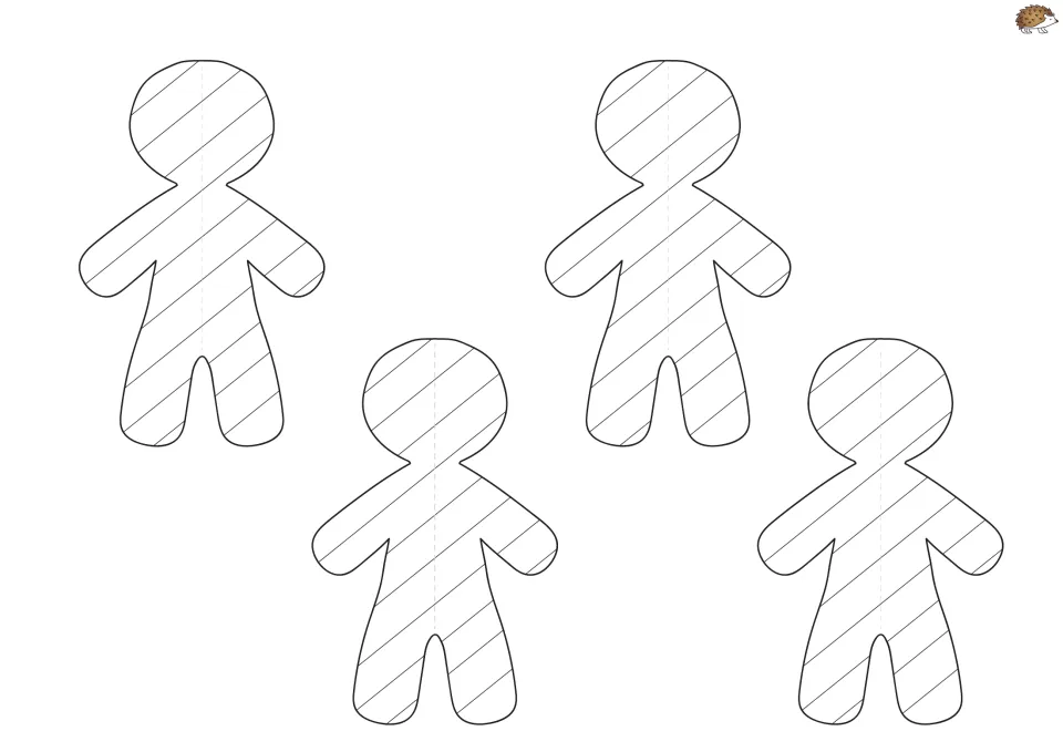 Striped gingerbread ornament template sheet has four matching figures to color, cut, fold, and glue