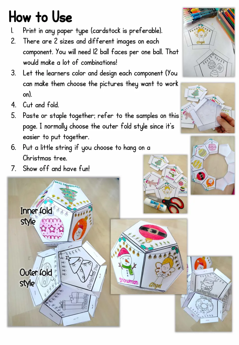 How to Use: 7 steps to color, cut, fold and paste 12 pentagon faces into a ball, with inner and outer fold photo samples