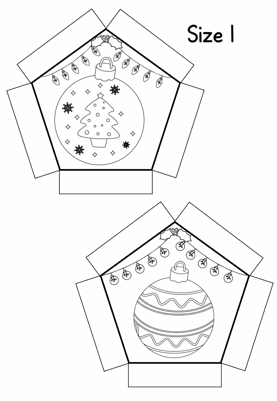 Size 1 ball faces: two pentagon cut-out pieces to color, a tree ornament with snowflakes and a striped bauble
