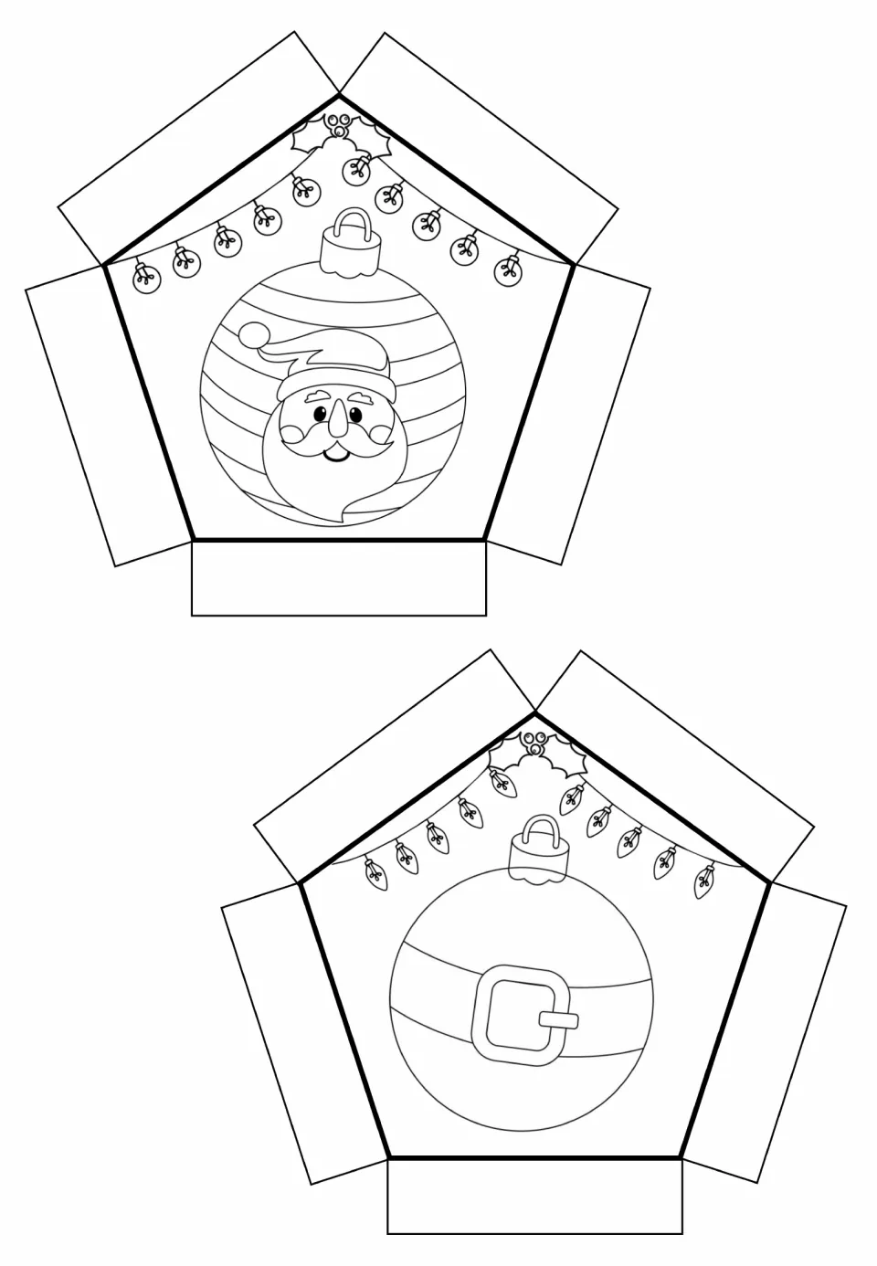 Two pentagon ball-face cut-out pieces to color: an ornament with Santa's face and an ornament with Santa's belt buckle