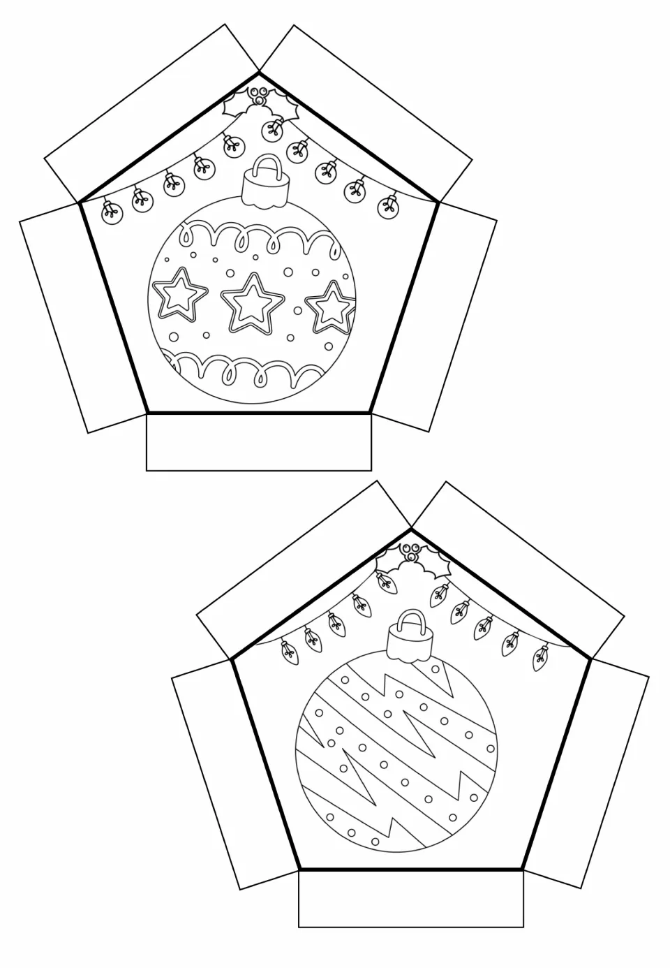 Pentagon cut-out pieces for coloring: one ornament decorated with three stars and loops, one with zigzags and dots