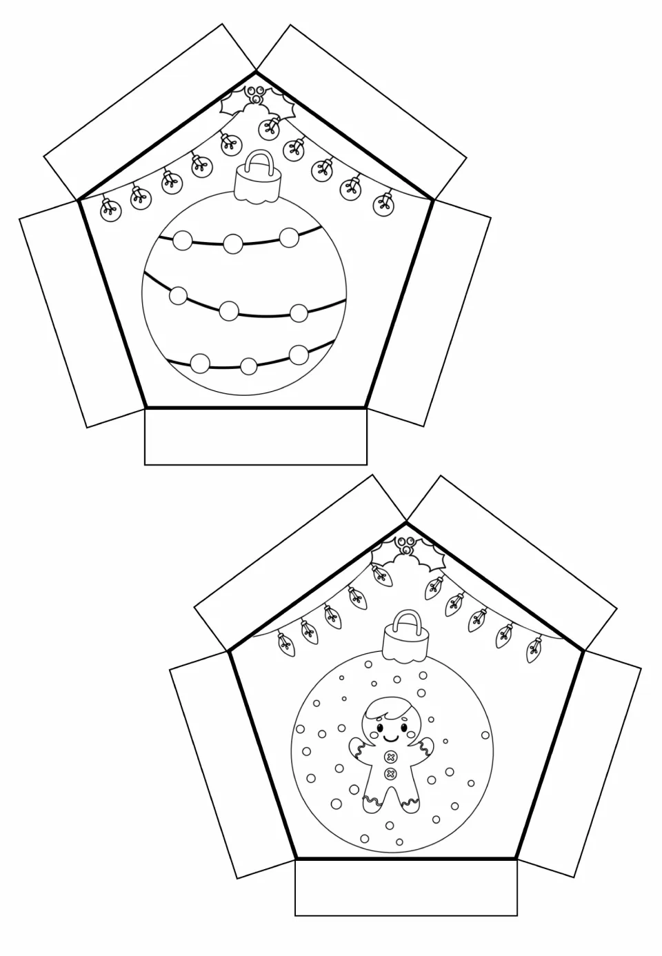 Two coloring cut-out pieces for the ball: an ornament wrapped in strings of beads and a gingerbread man ornament