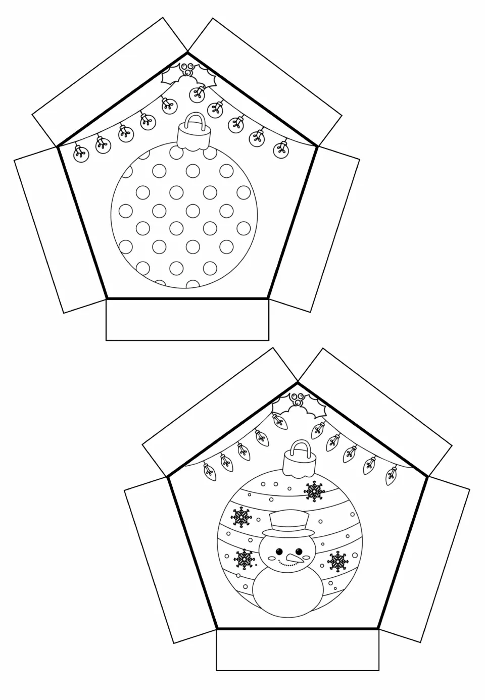 Ball-face cut-out pieces to color and fold: a polka-dot ornament and a striped ornament with a snowman in a top hat