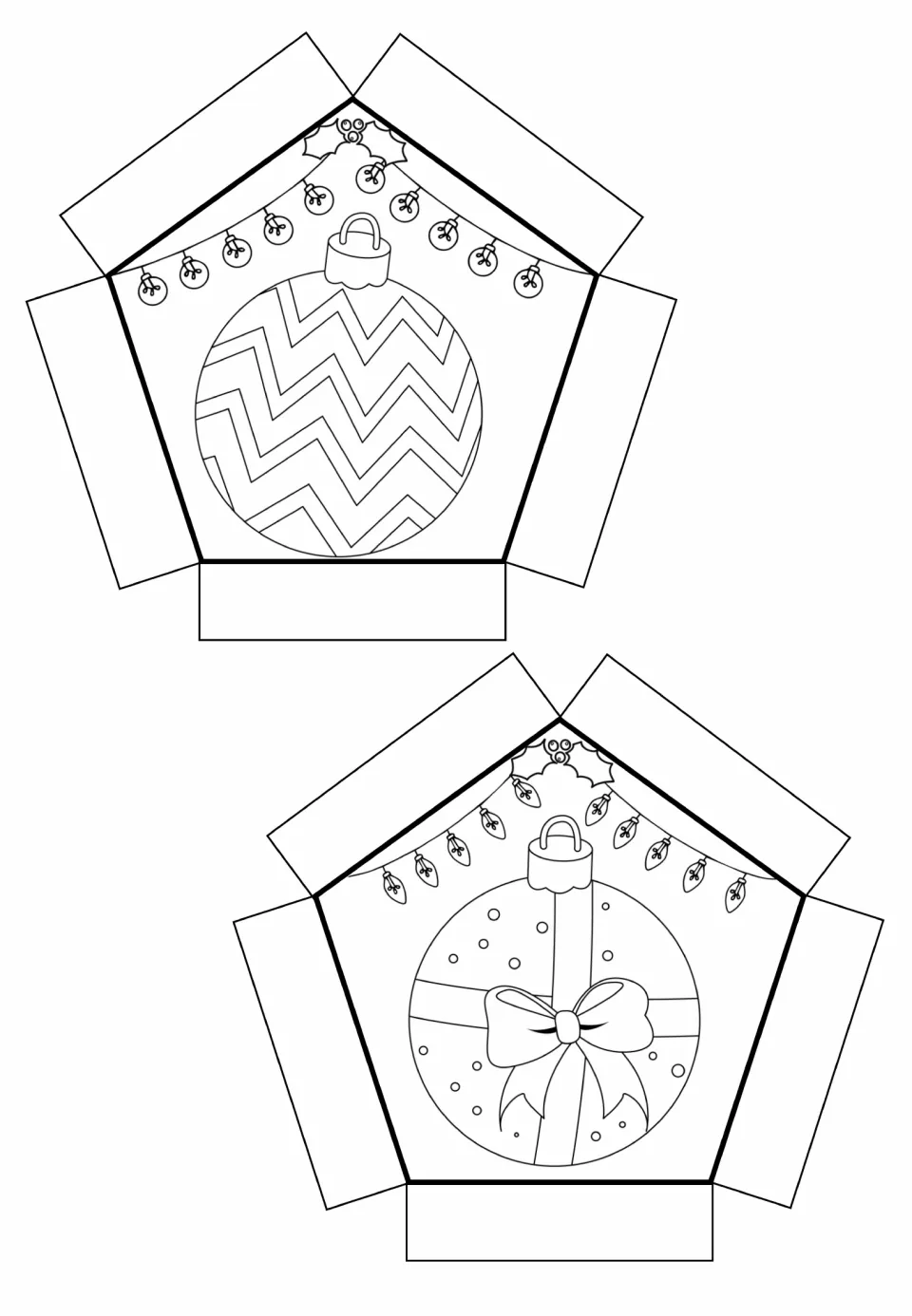 Pentagon cut-out pieces to color: a chevron zigzag ornament and an ornament tied with ribbon and a bow like a gift