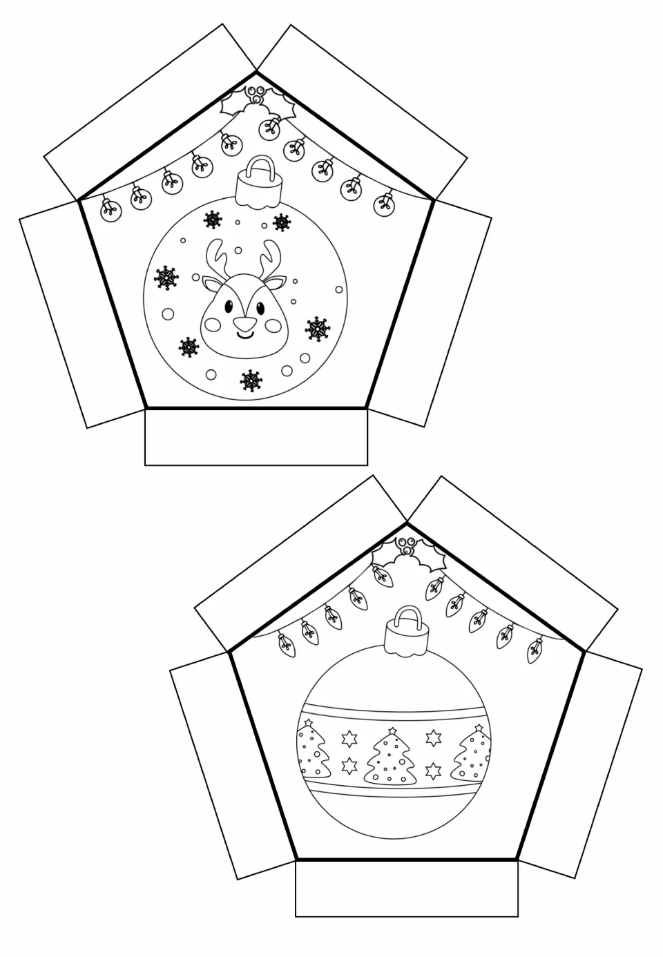Two ornament cut-out pieces to color: a smiling reindeer surrounded by snowflakes and a band of Christmas trees and stars