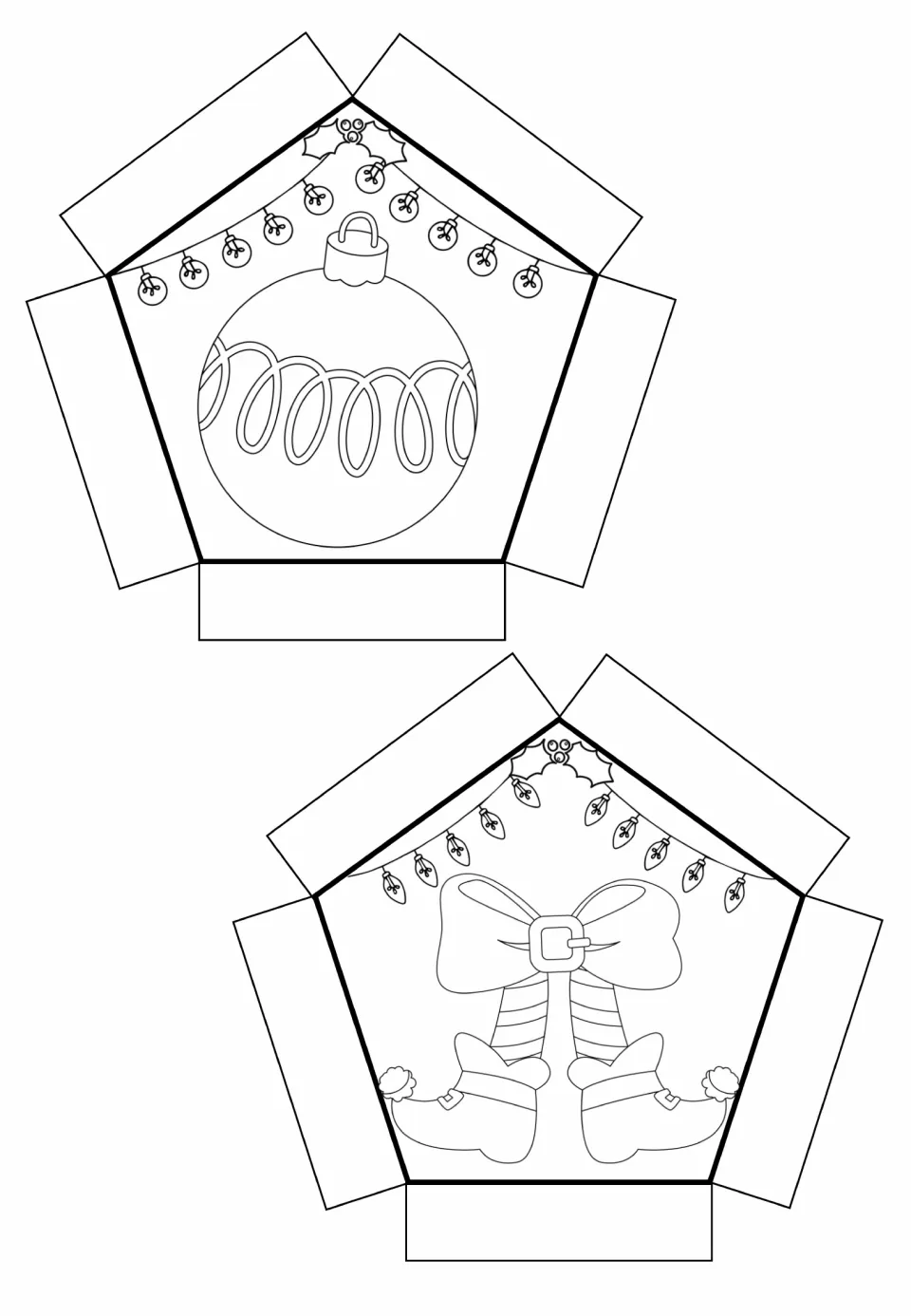 Final pentagon cut-out pieces to color: an ornament with a looping swirl pattern and elf boots with a buckled bow