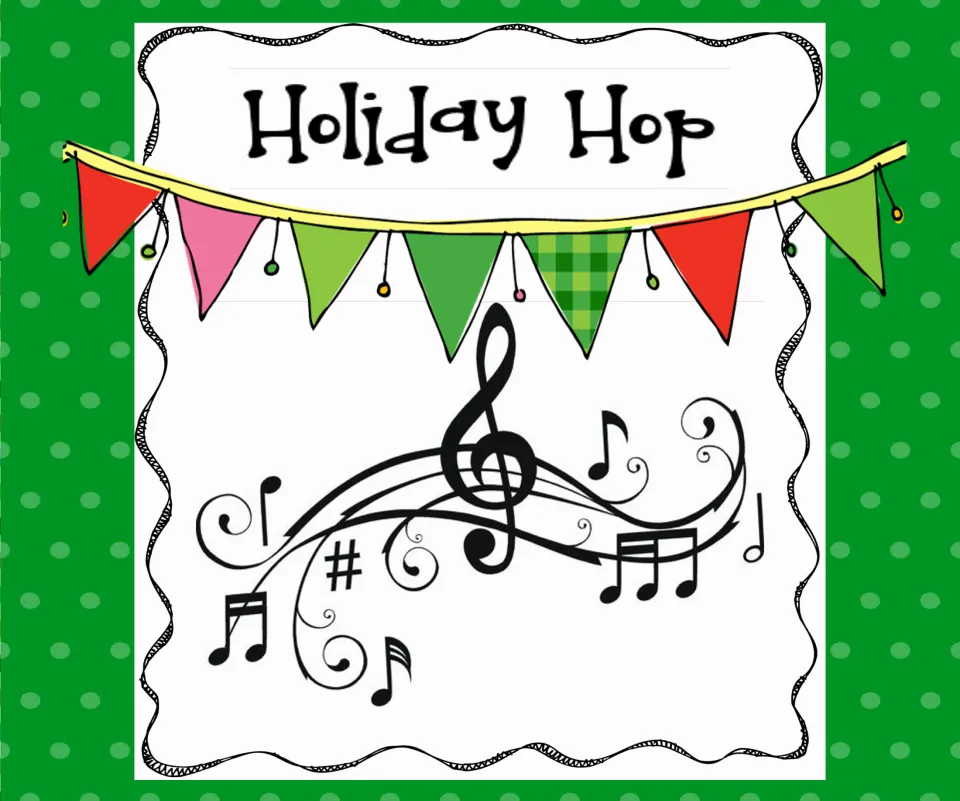 Holiday Hop sign introducing the Christmas party signage set, followed by four signs for named stations