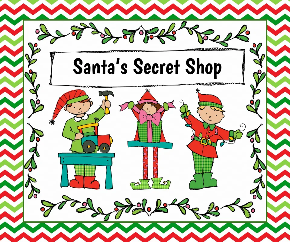 Christmas party station sign reading “Santa’s Secret Shop,” one of four named station signs in the set
