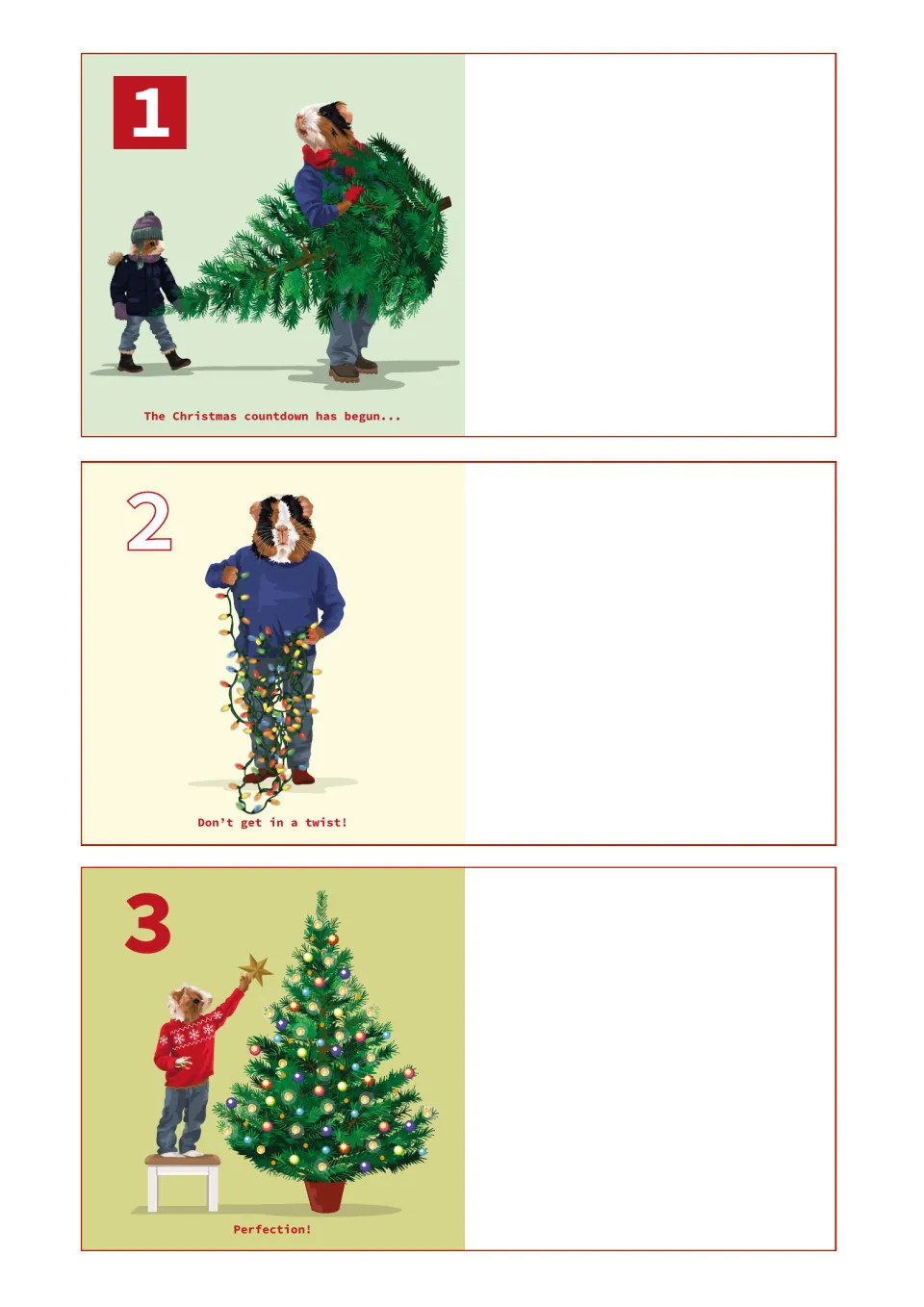 Countdown entries 1–3: bringing home a Christmas tree, untangling lights, and placing the tree topper