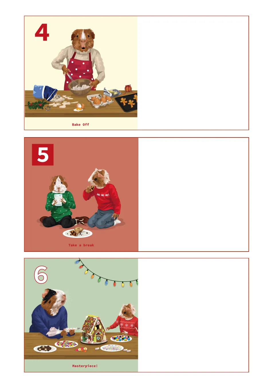 Countdown entries 4–6: Bake Off, Take a break, and Masterpiece!, showing baking and a gingerbread house