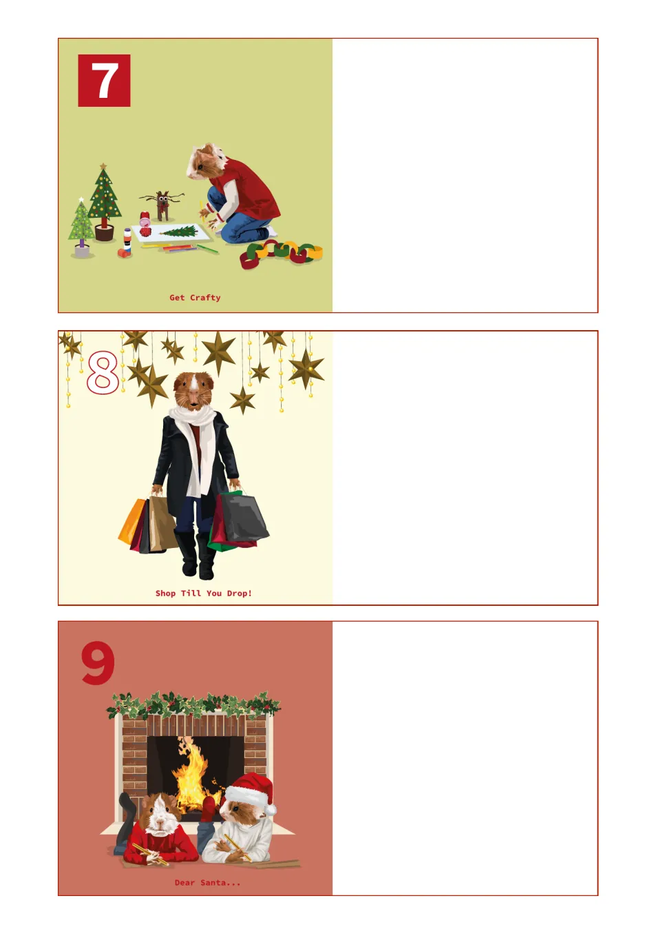 Countdown entries 7–9: Get Crafty, Shop Till You Drop!, and Dear Santa..., with holiday activity scenes