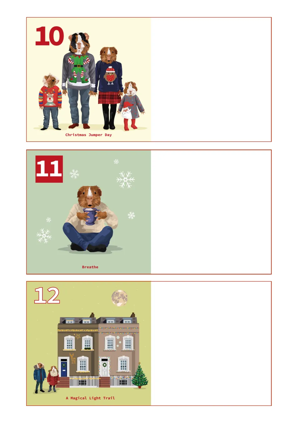 Countdown entries 10–12: Christmas Jumper Day, Breathe, and A Magical Light Trail, with festive scenes