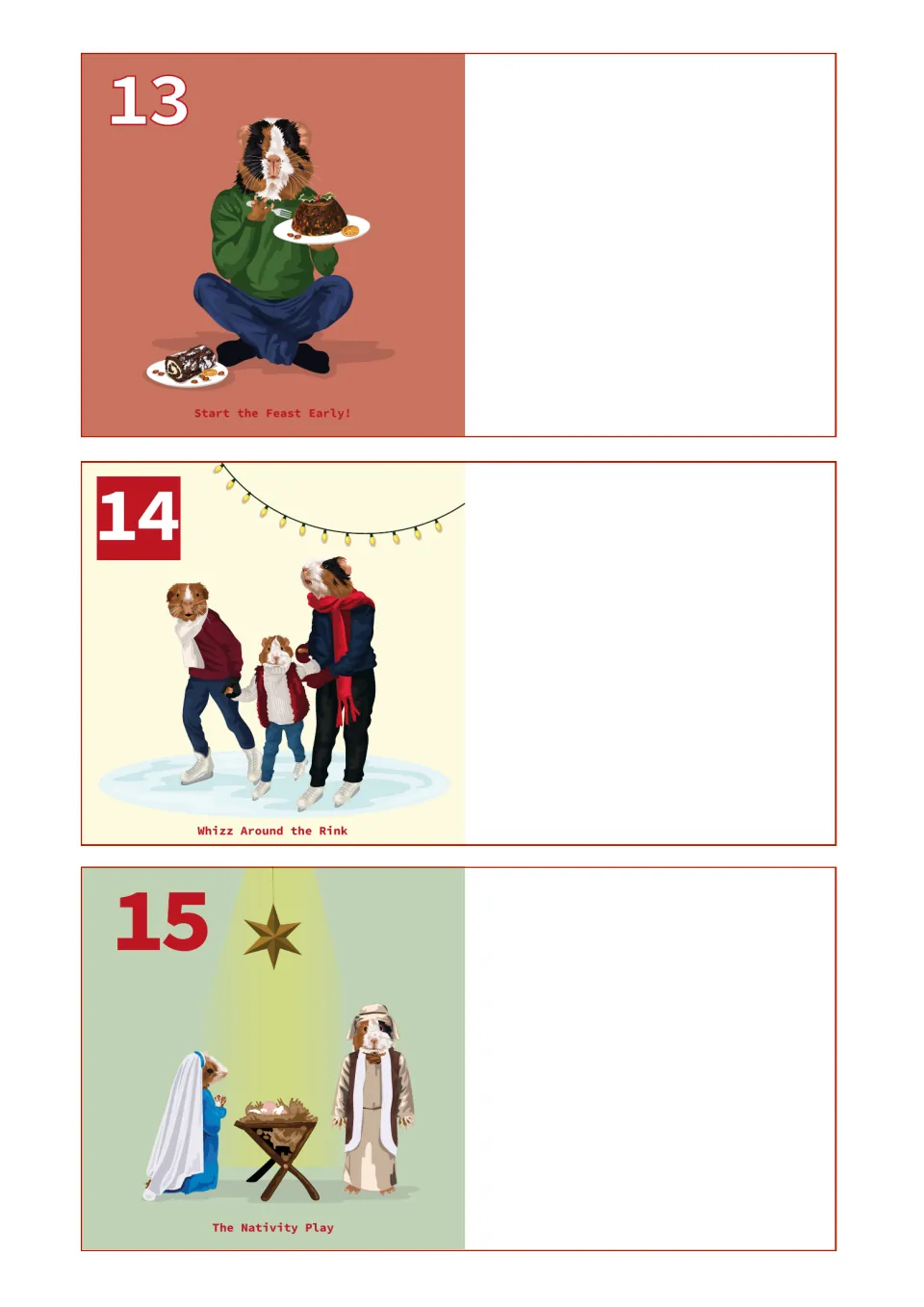 Countdown entries 13–15: Start the Feast Early!, Whizz Around the Rink, and The Nativity Play