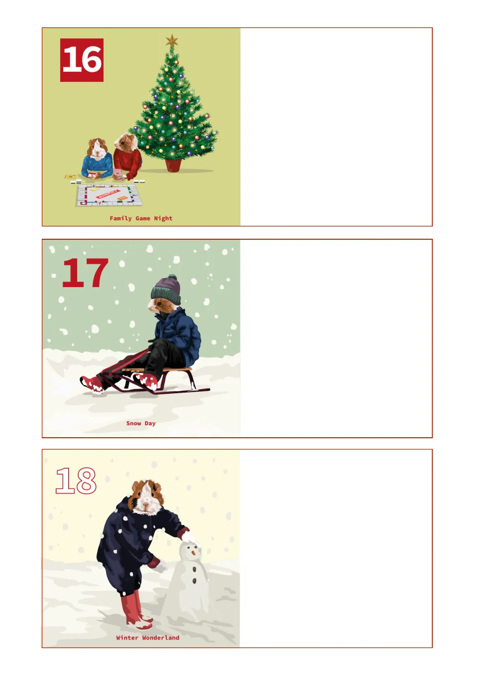 Countdown entries 16–18: Family Game Night, Snow Day, and Winter Wonderland, showing games and snow play
