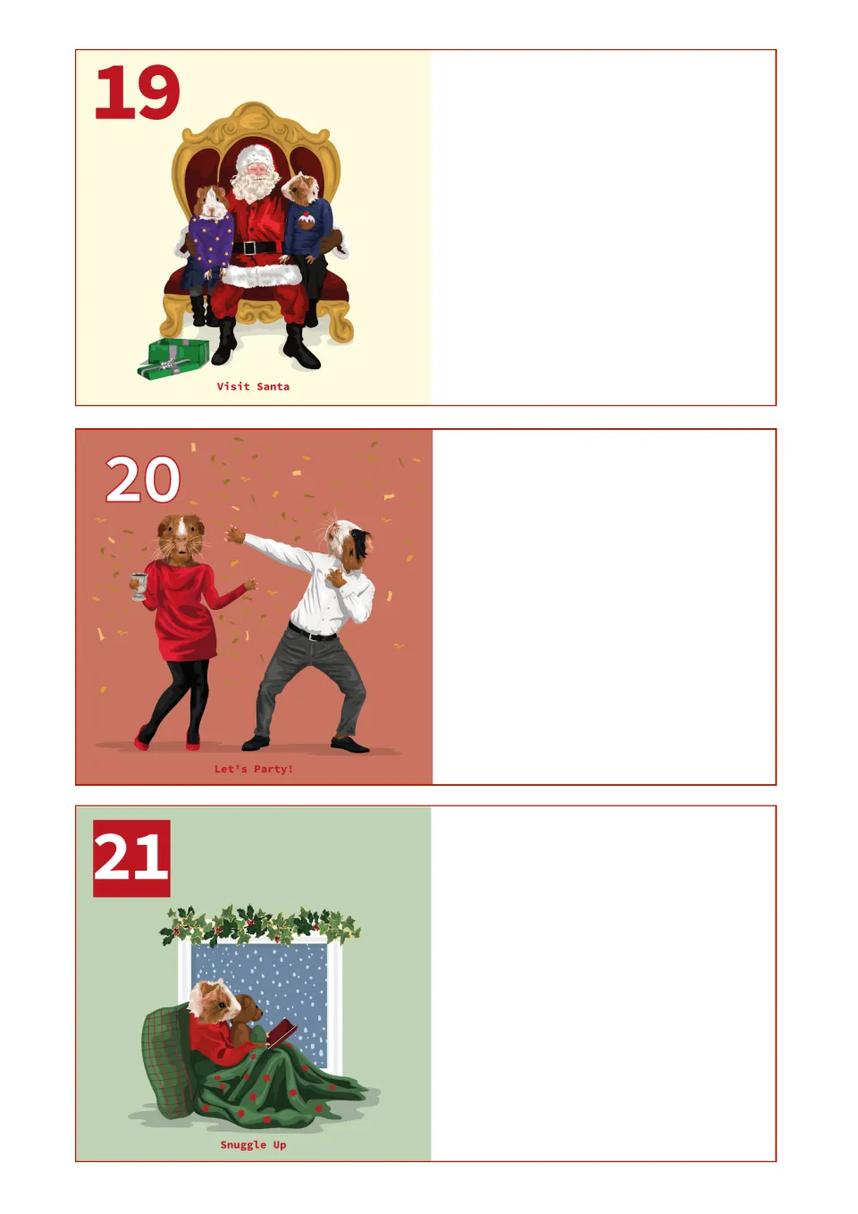 Countdown entries 19–21: Visit Santa, Let’s Party!, and Snuggle Up, showing a visit, dancing, and reading