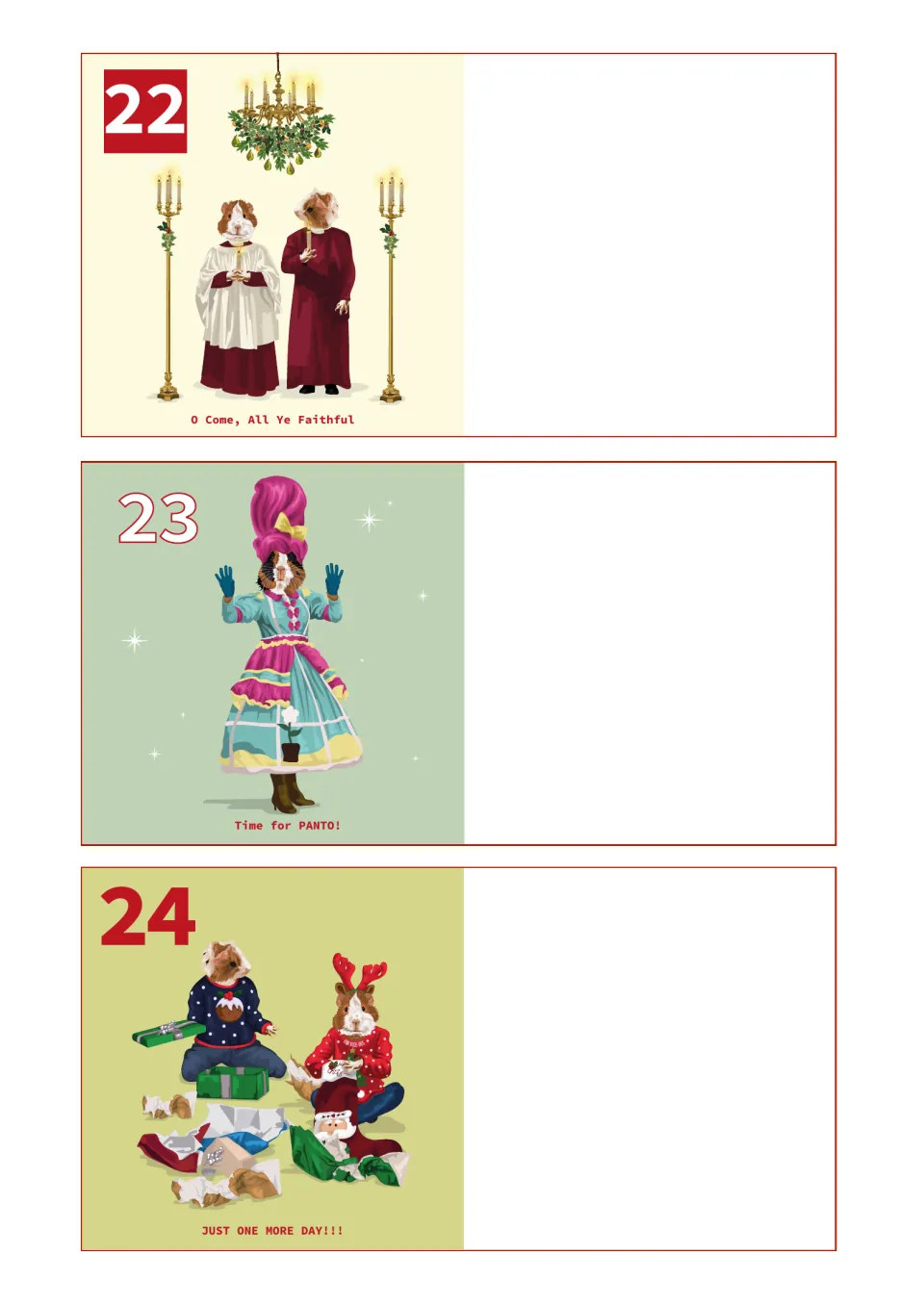 Countdown entries 22–24: O Come, All Ye Faithful, Time for PANTO!, and JUST ONE MORE DAY!!!
