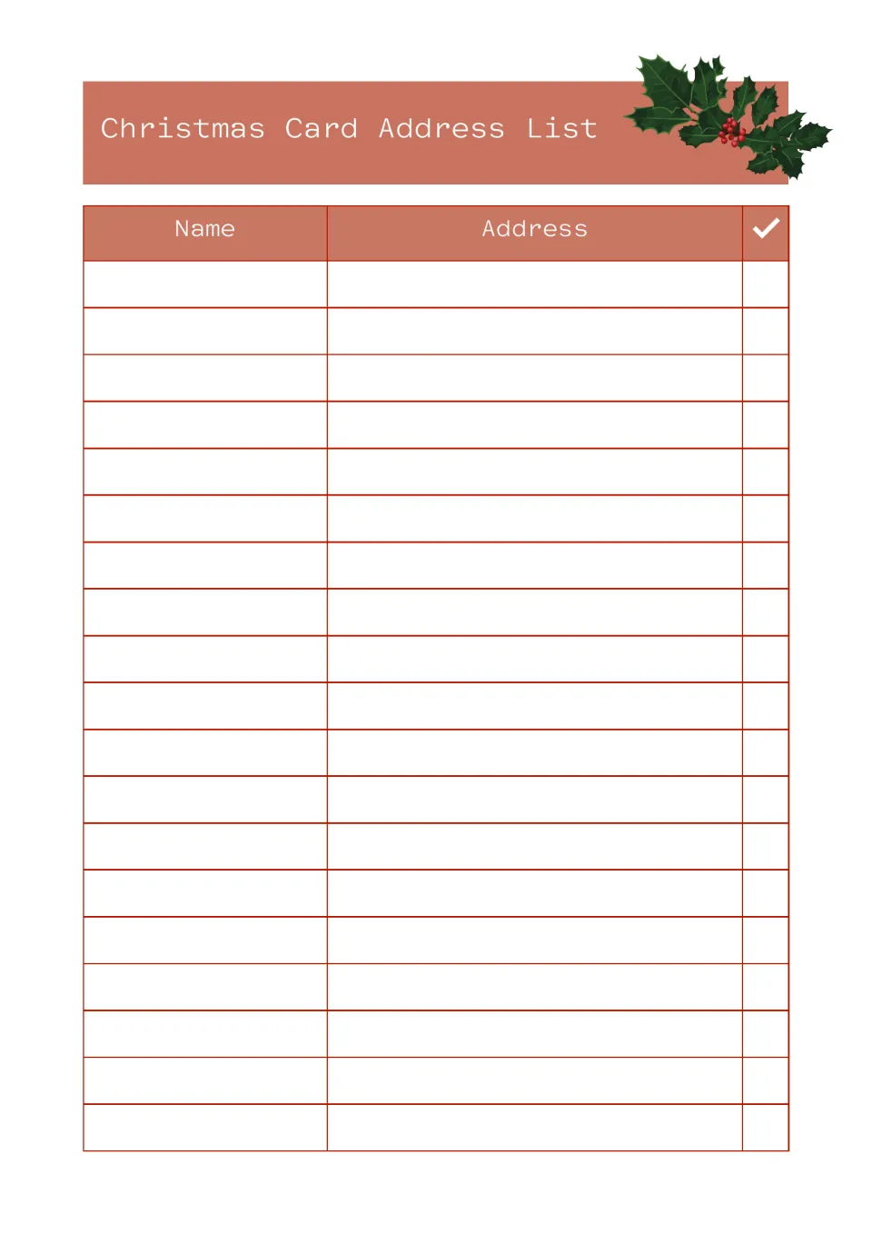 Christmas card address list for recording recipients’ names and addresses, with a check mark heading