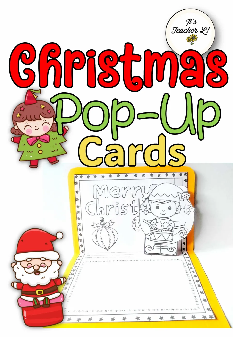 Christmas Pop-Up Cards cover with a finished yellow card: a Merry Christmas front, ornament and pop-up elf with a drum
