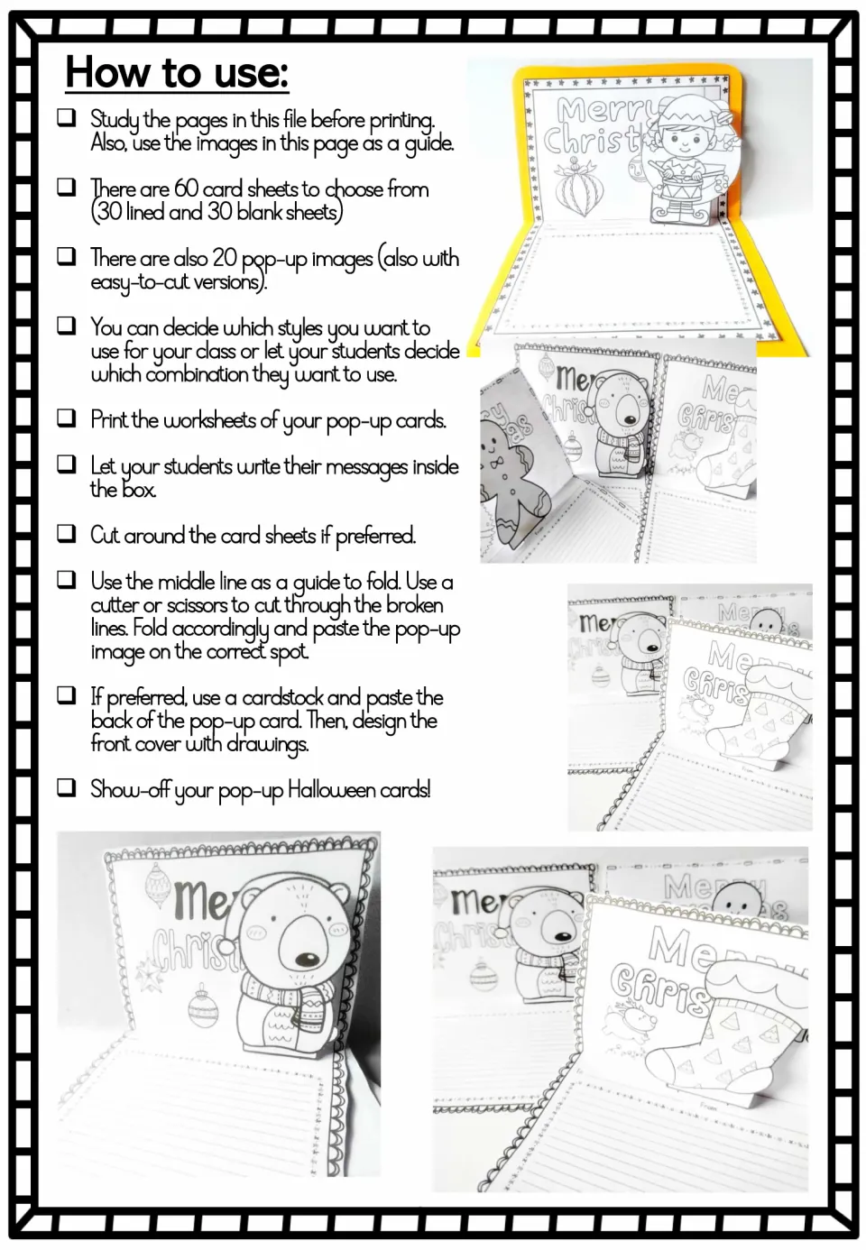 How to use: steps to print, write a message, cut the broken lines, fold and paste a pop-up image, with sample photos