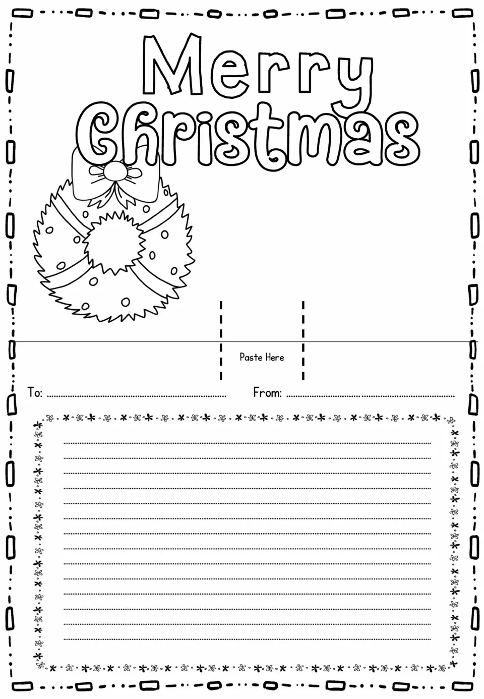 Merry Christmas card sheet with a wreath to color, a Paste Here pop-up tab, To and From, and space to write a message
