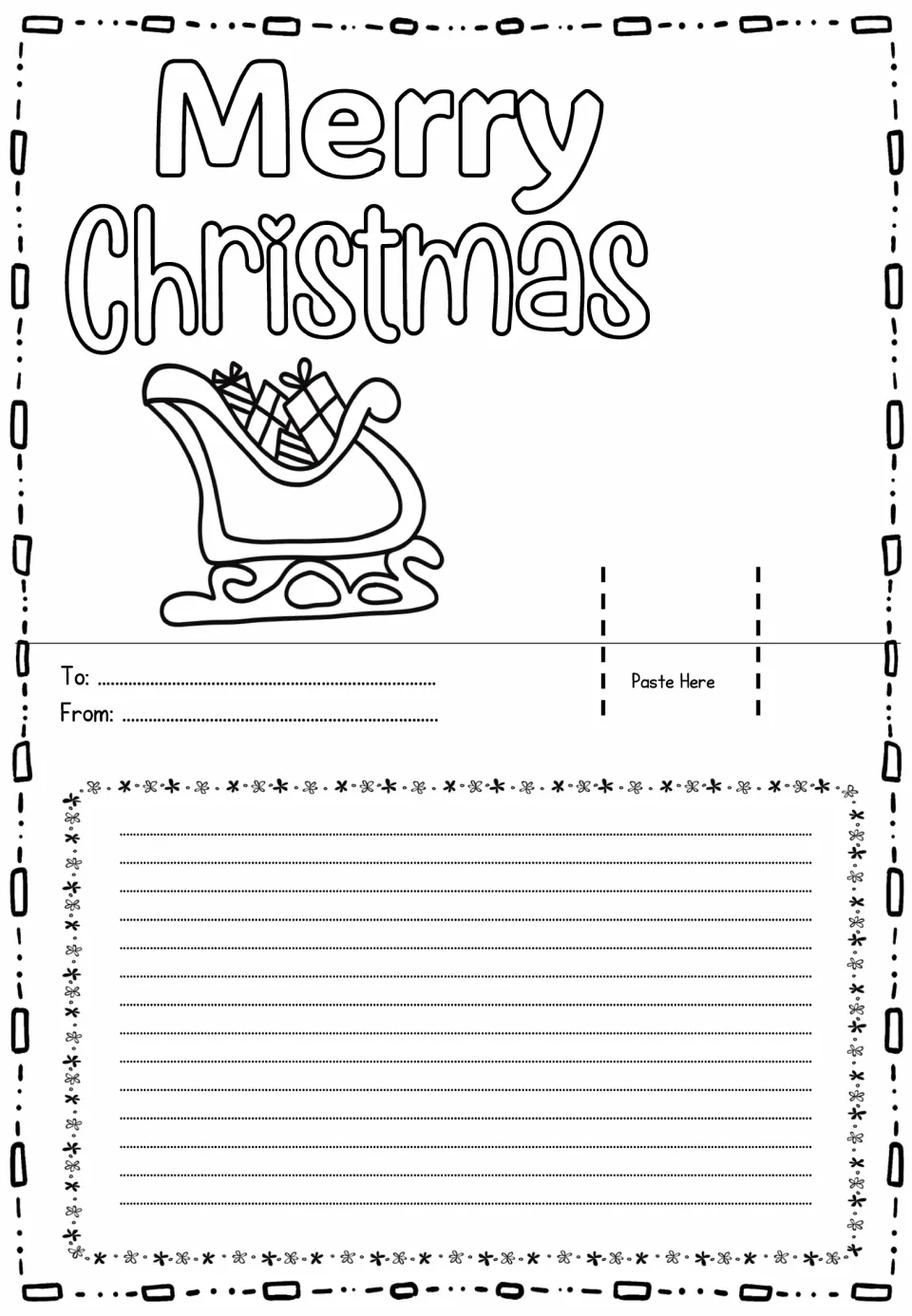 Merry Christmas card sheet with a sleigh full of gifts, a Paste Here tab on the right and a ruled space for a message