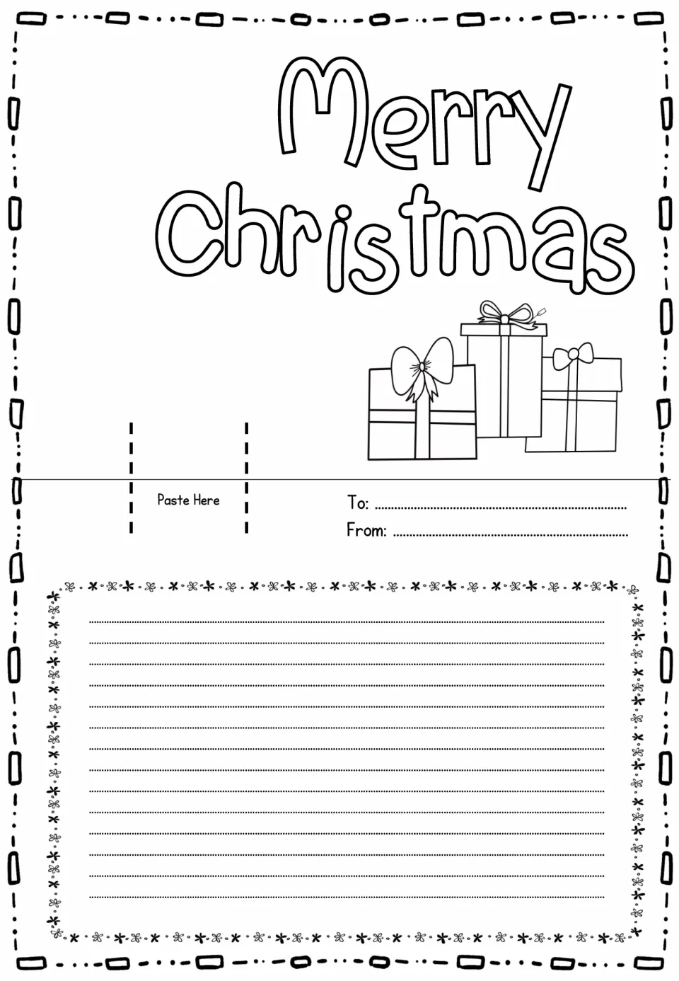 Merry Christmas card sheet with three wrapped presents, a Paste Here tab on the left, To and From, and room for a message