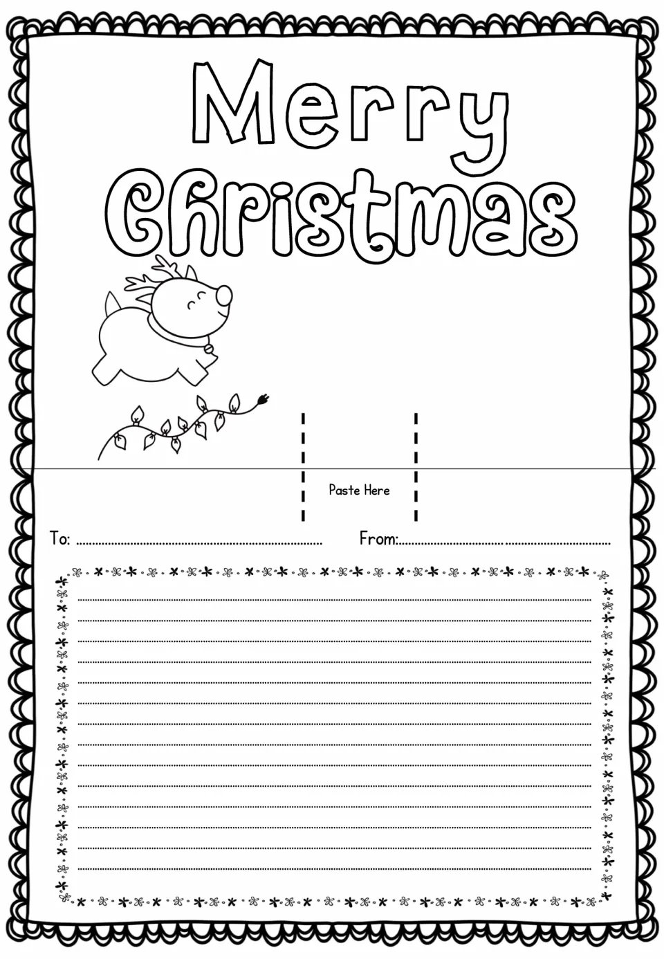 Merry Christmas card sheet with a leaping reindeer and string of lights, a central Paste Here tab and a message space