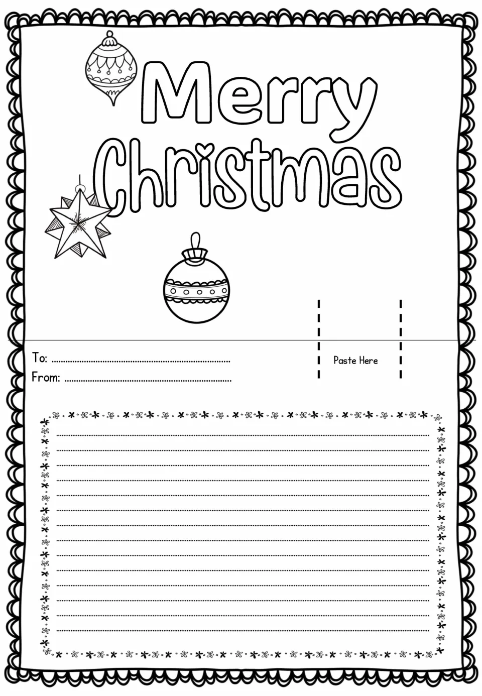 Merry Christmas card sheet with a star and two hanging ornaments to color, a Paste Here tab and a space to write a greeting