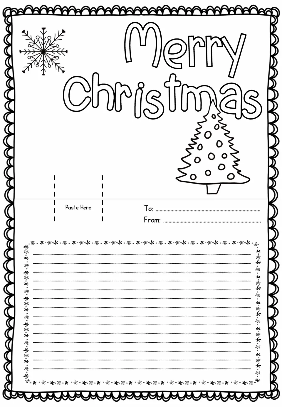 Merry Christmas card sheet with a snowflake and decorated tree, a Paste Here tab on the left, To and From, and a note area