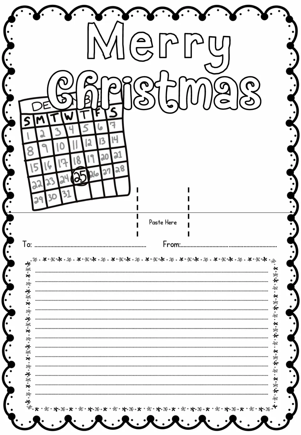 Merry Christmas card sheet with a December calendar circling the 25th, a Paste Here tab, To and From, and a message space