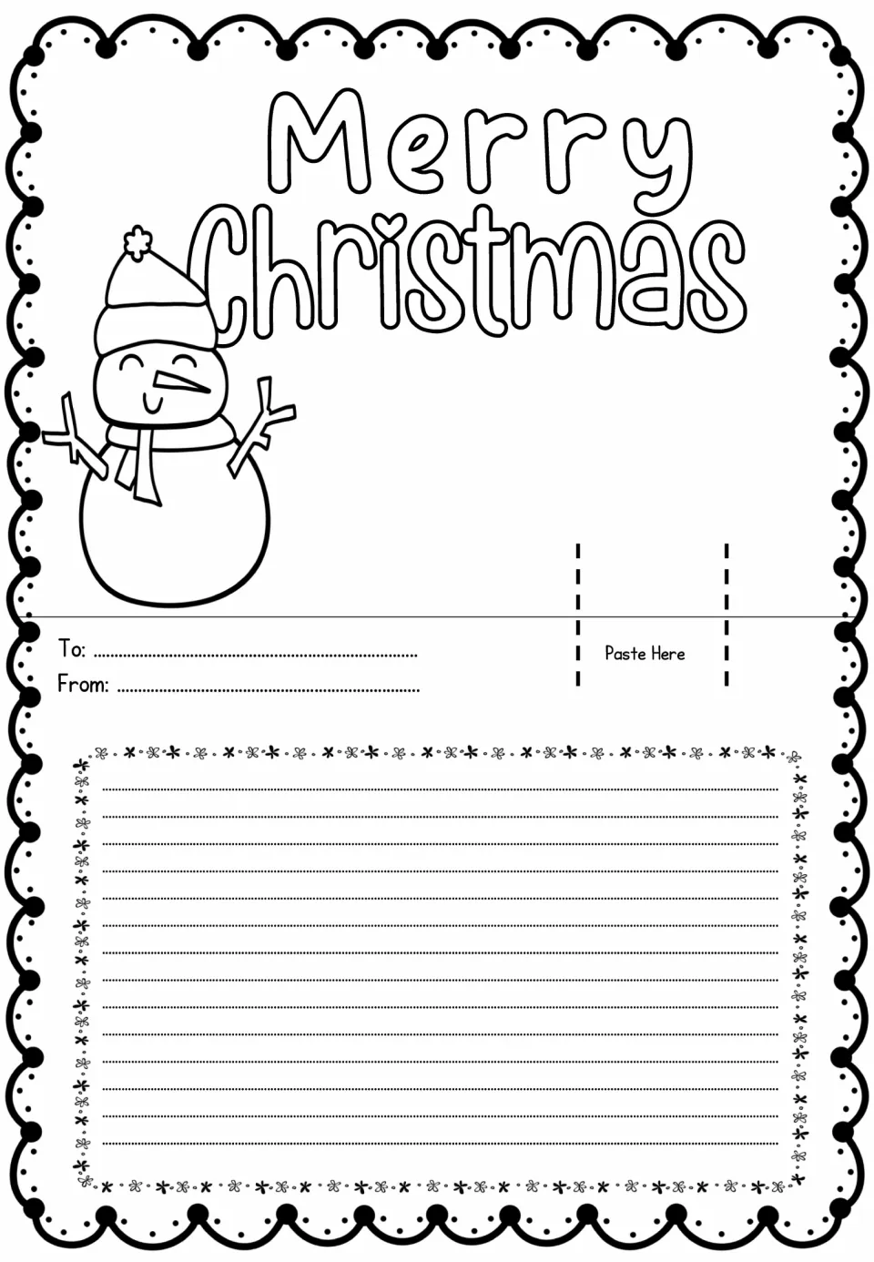 Merry Christmas card sheet with a smiling snowman in a hat and scarf, a Paste Here tab, To and From, and a writing area