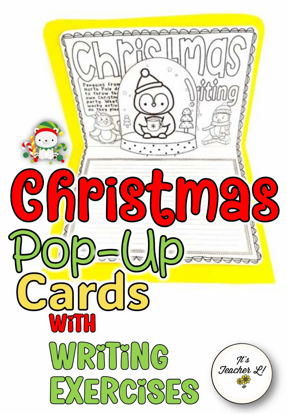 Cover of Christmas Pop-Up Cards with Writing Exercises, showing an assembled card with a penguin pop-up