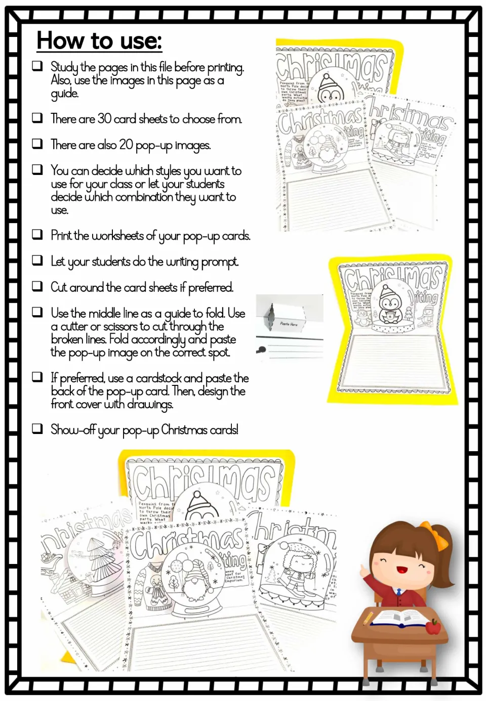 Christmas pop-up card instructions: choose from 30 card sheets and 20 images, write, cut, fold, and paste