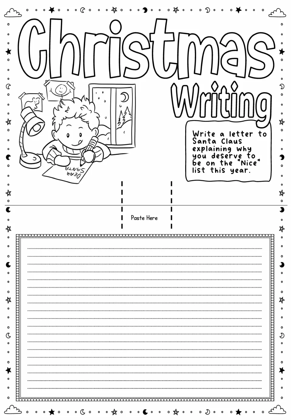 Christmas pop-up card sheet asking students to write Santa a letter explaining why they deserve the Nice list