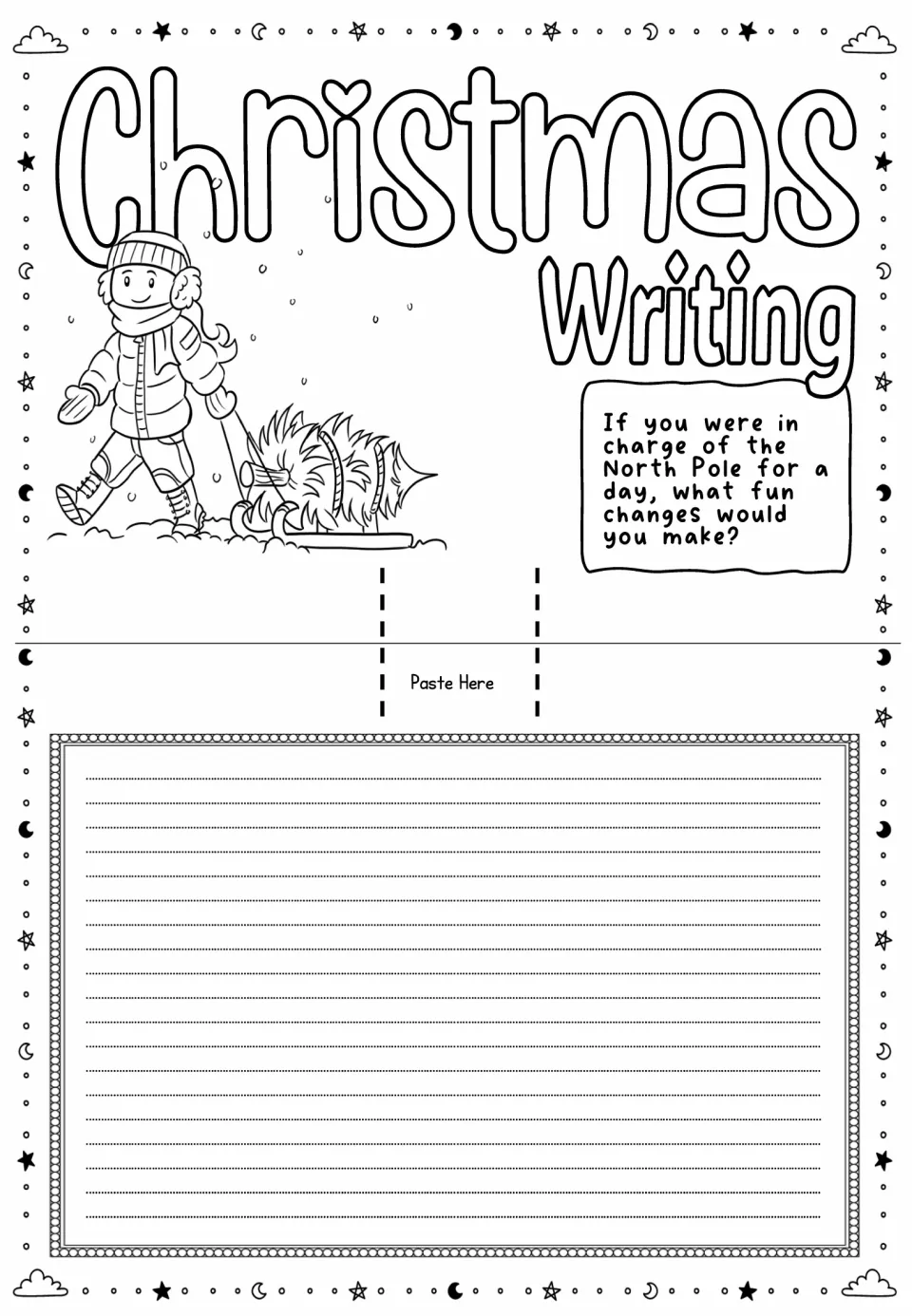 Christmas pop-up card sheet asking what fun changes students would make while running the North Pole for a day