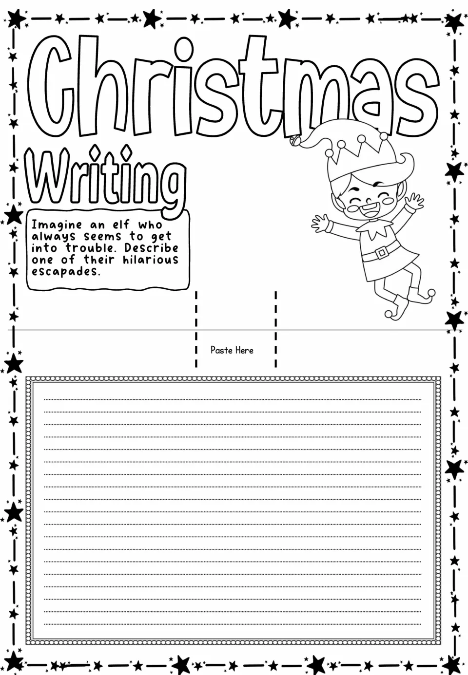 Christmas pop-up card sheet prompting students to describe a hilarious escapade of an elf who gets into trouble