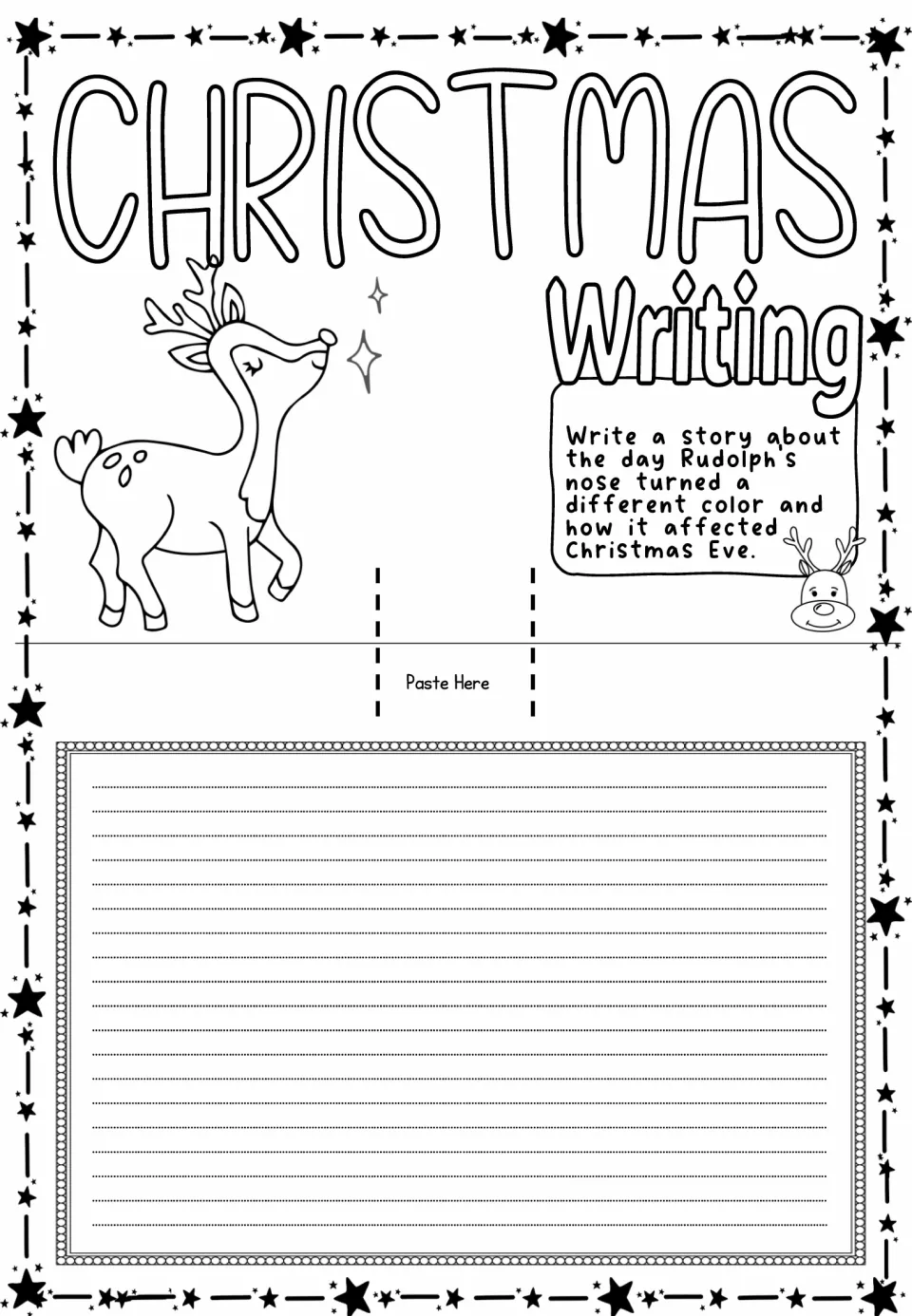 Christmas pop-up card sheet prompting a story about Rudolph's nose changing color and its effect on Christmas Eve