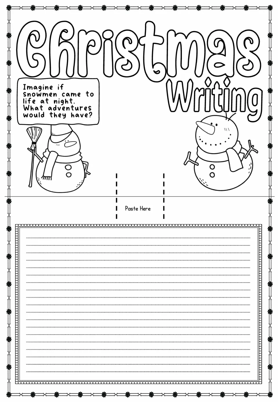 Christmas pop-up card sheet asking students to imagine the adventures of snowmen who come to life at night