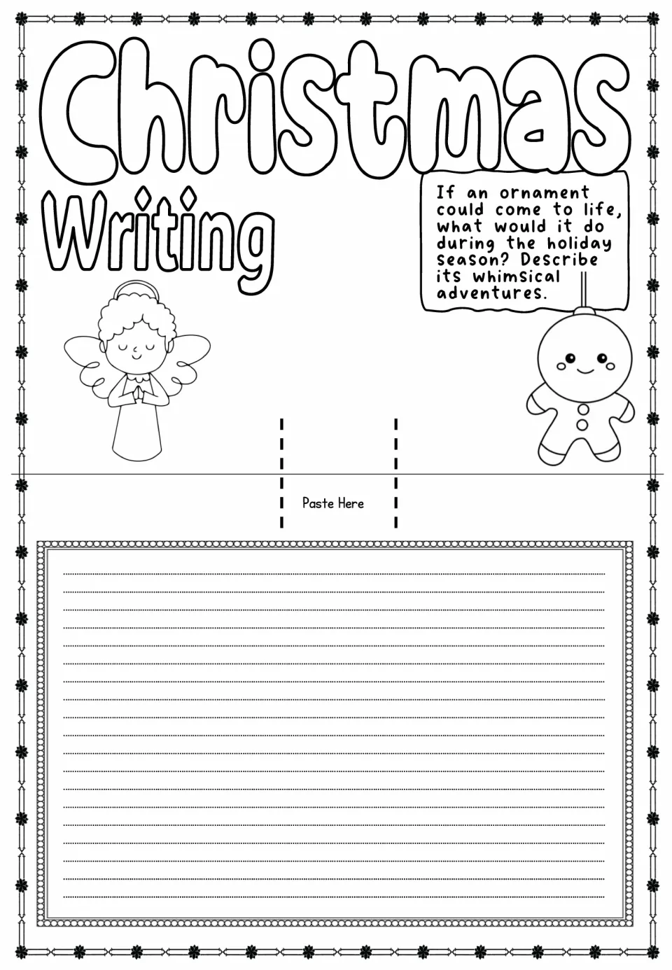 Christmas pop-up card sheet asking students to describe the holiday adventures of an ornament that comes to life
