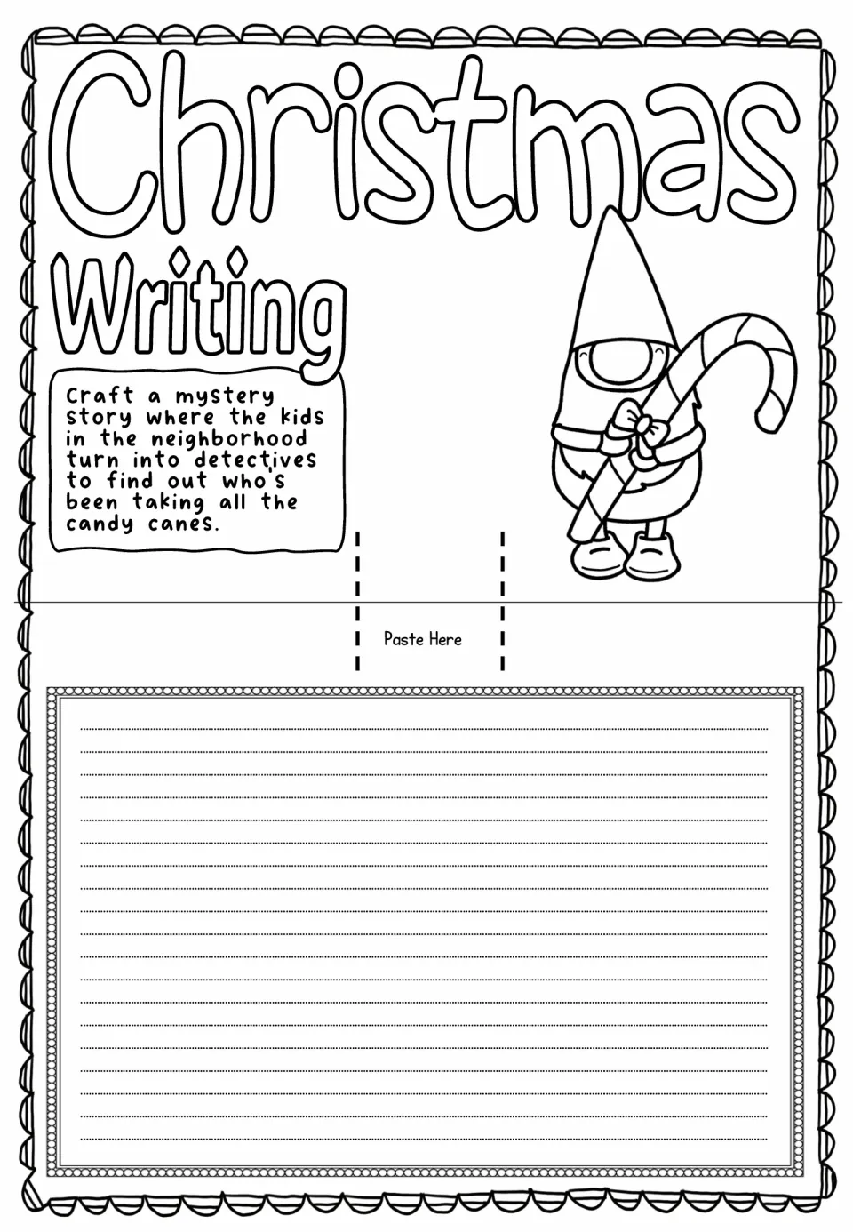 Christmas pop-up card sheet prompting a mystery about neighborhood kids finding who has taken the candy canes