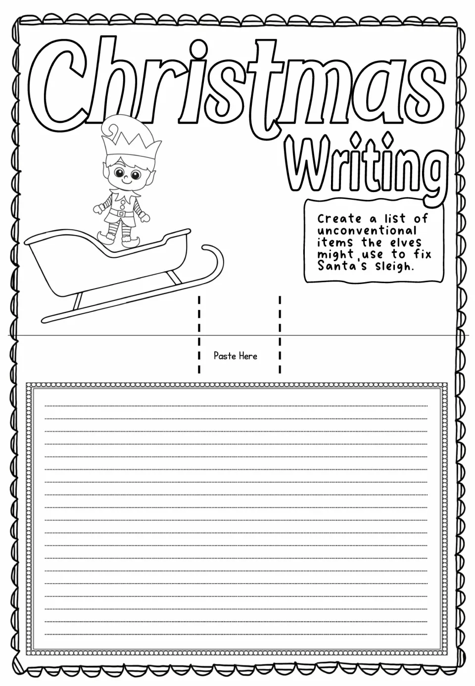 Christmas pop-up card sheet asking students to list unconventional items elves might use to fix Santa's sleigh