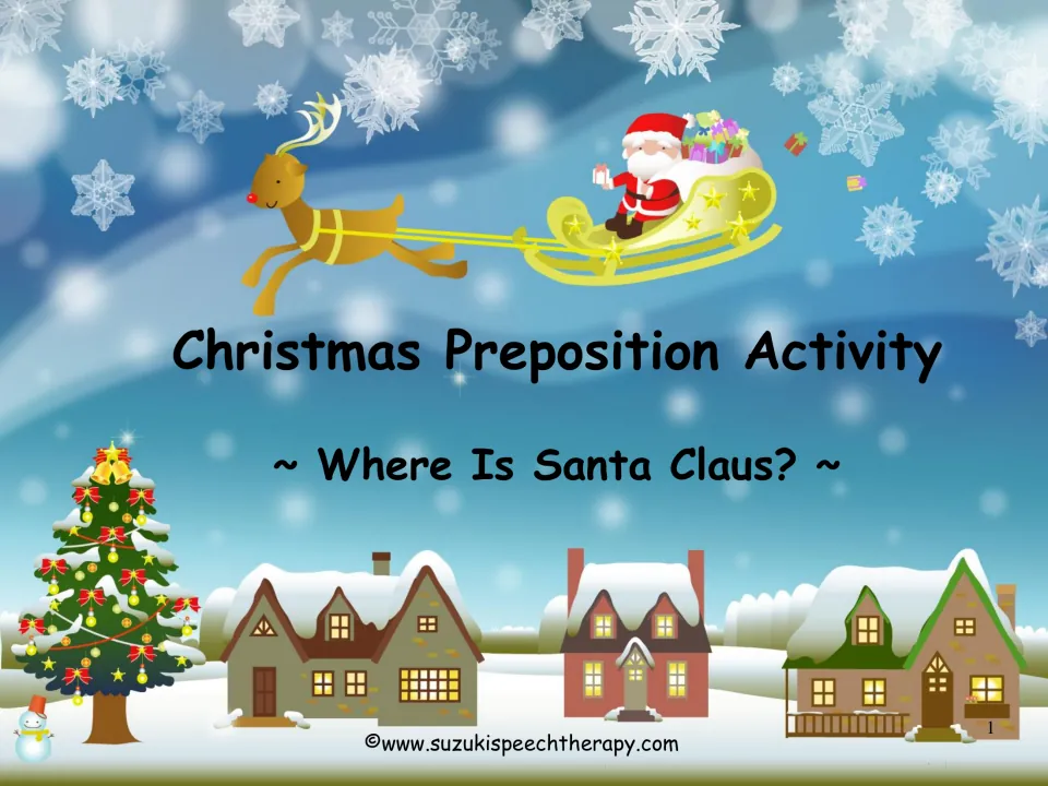Christmas Preposition Activity cover, Where Is Santa Claus?, showing Santa's sleigh over snowy houses and a tree