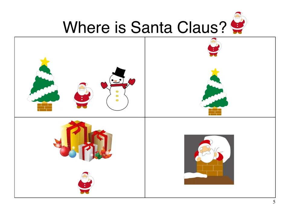 Santa picture cards showing between a tree and snowman, over a tree, under presents and in a chimney for position matching