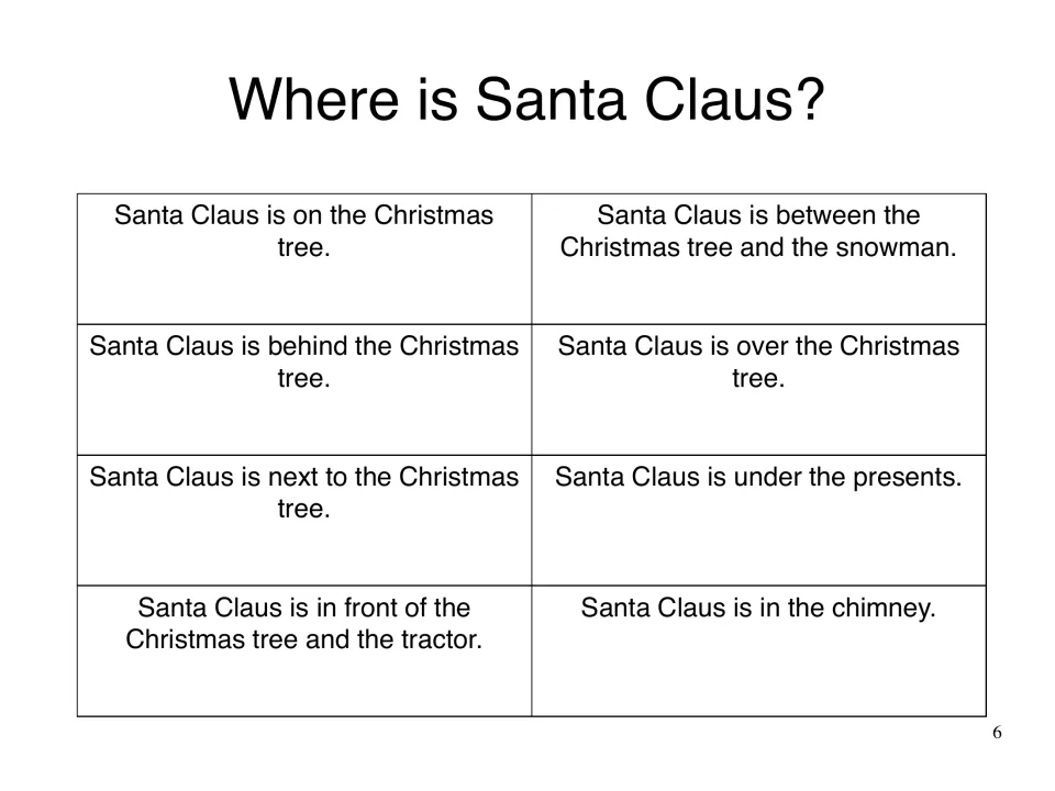 Sentence cards to read aloud, such as Santa Claus is behind the Christmas tree, each naming one preposition to match