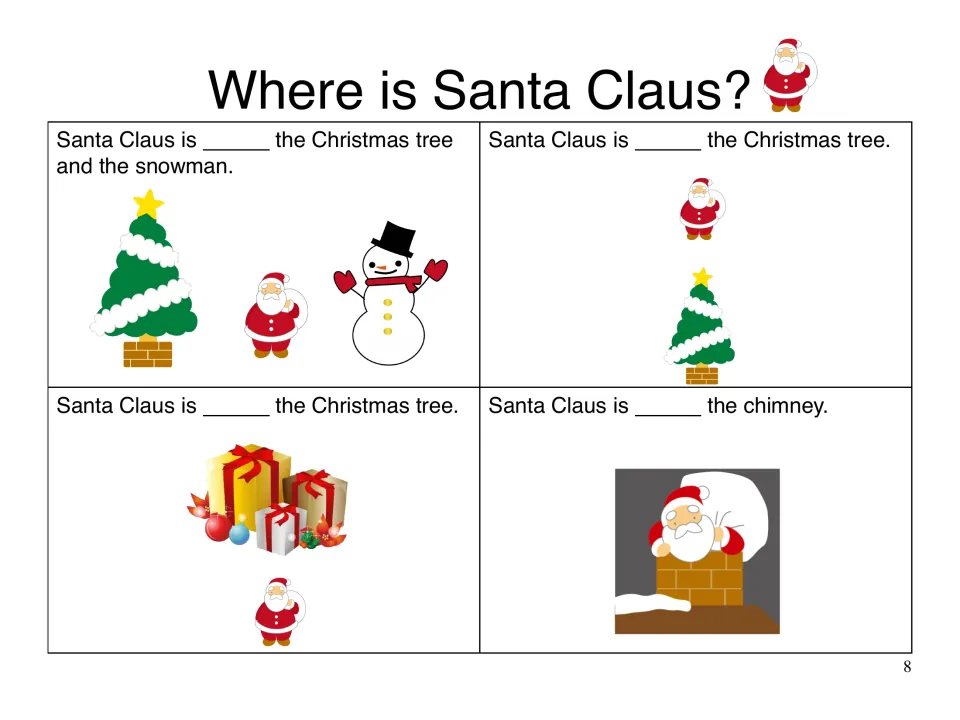 Cloze sentence cards with blanks for Santa between the tree and snowman, over the tree, under gifts and in the chimney