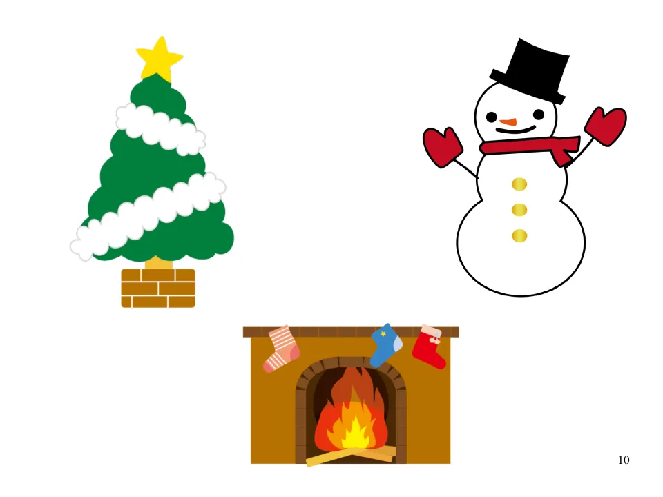 Barrier game cut-out pieces: a Christmas tree, a snowman and a fireplace with stockings for students to place in the scene