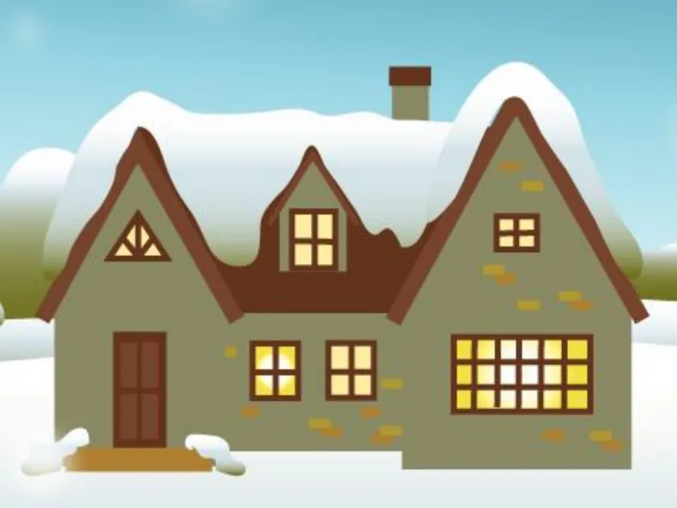 Barrier game backdrop: a snowy house scene where partners place pieces in front of, behind or next to the house
