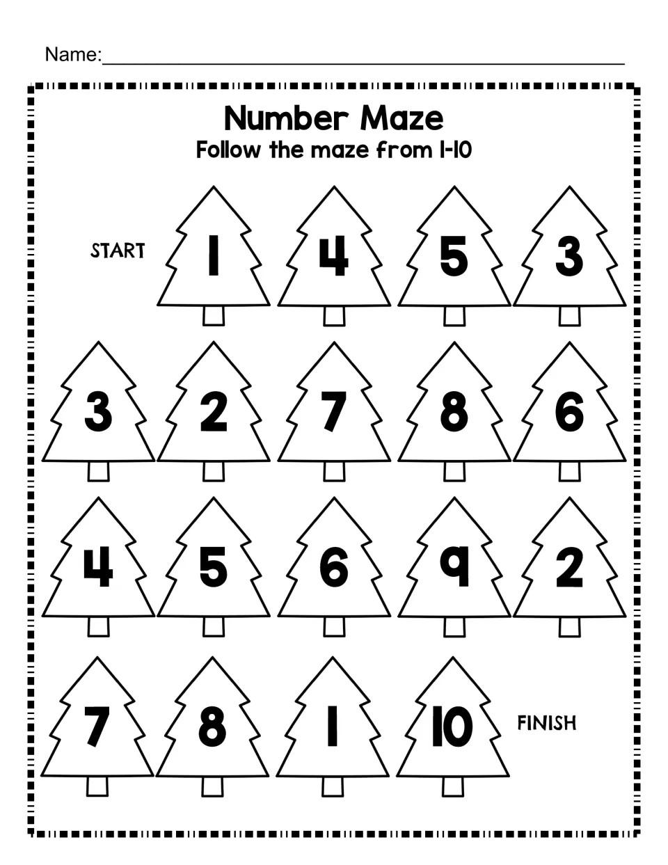 Number Maze 1-10: students count in order, following Christmas trees numbered 1 to 10 from START to FINISH